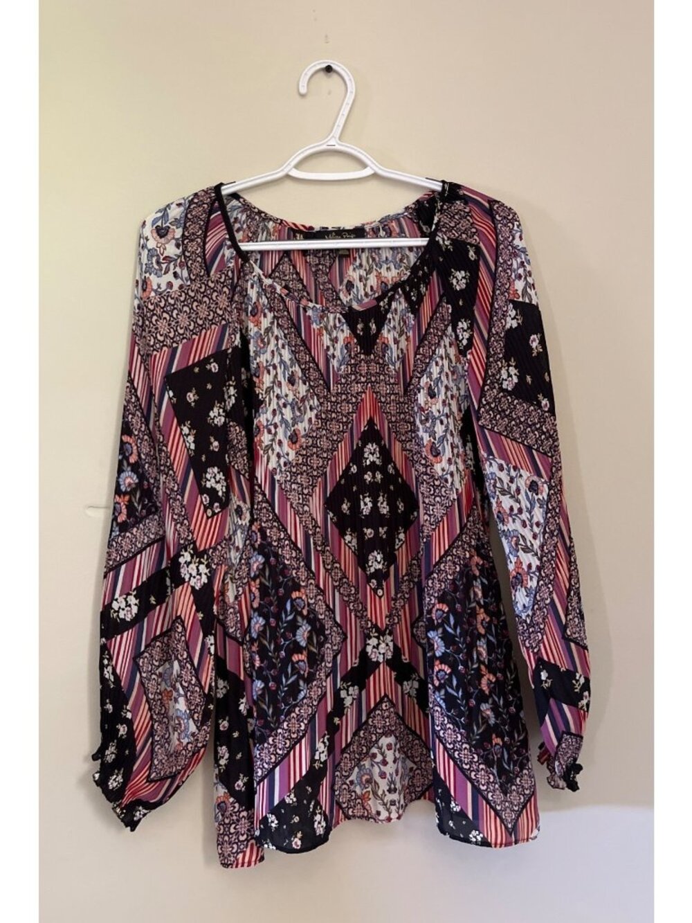 Melissa Paige Womens Large Petite Boho Accordion Pleated Blouse Patchwork Print